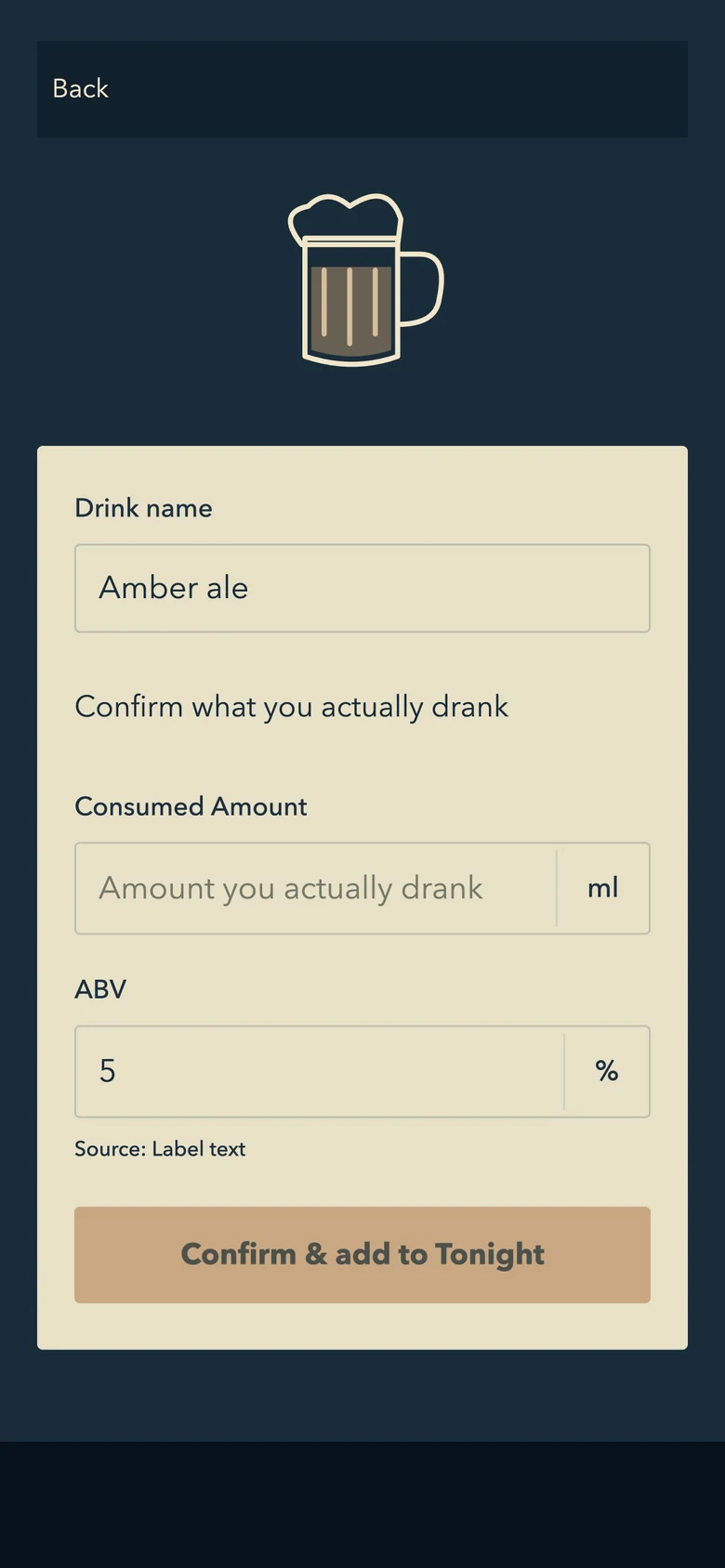 Current confirmation screen with consumed amount and ABV fields.