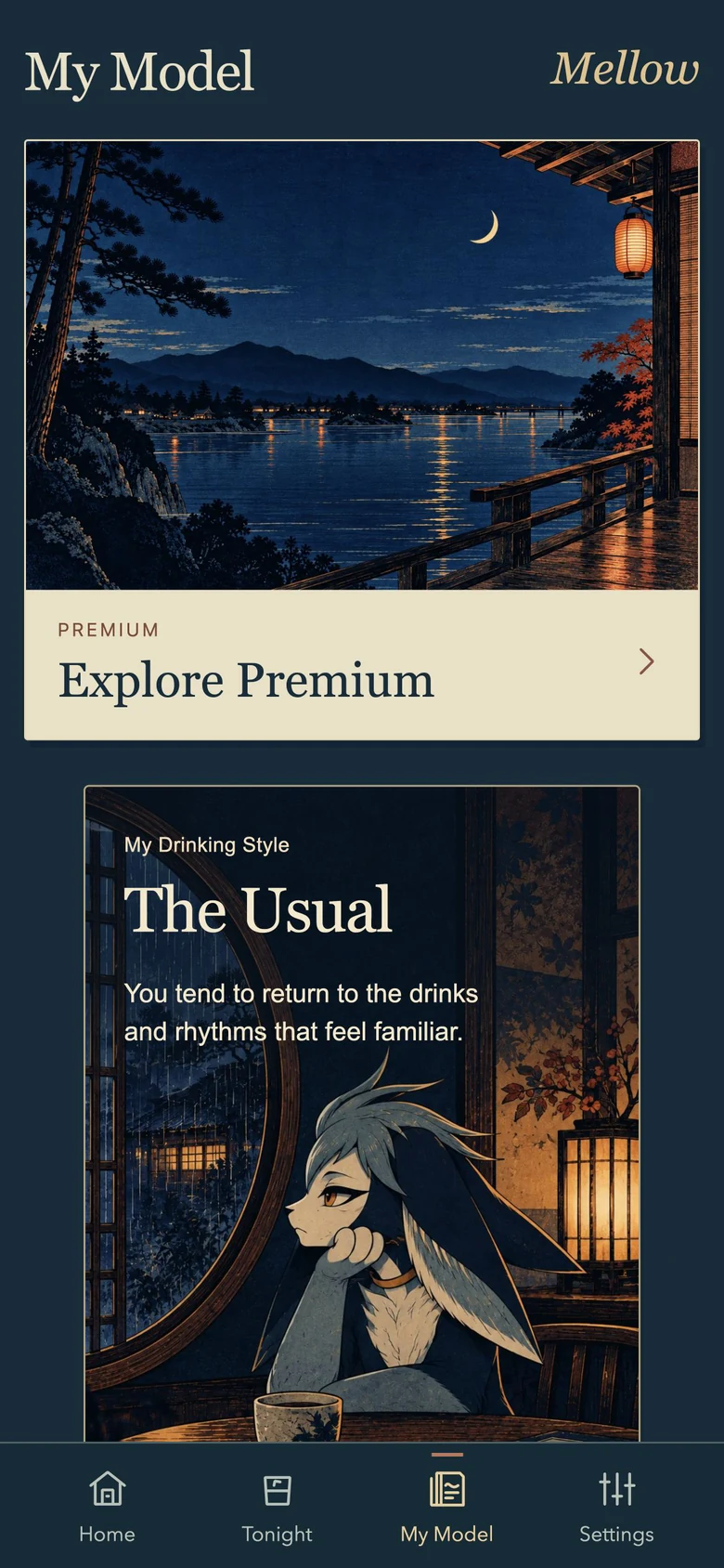 Current Free My Model screen with basic Drinking Style and Premium entry.