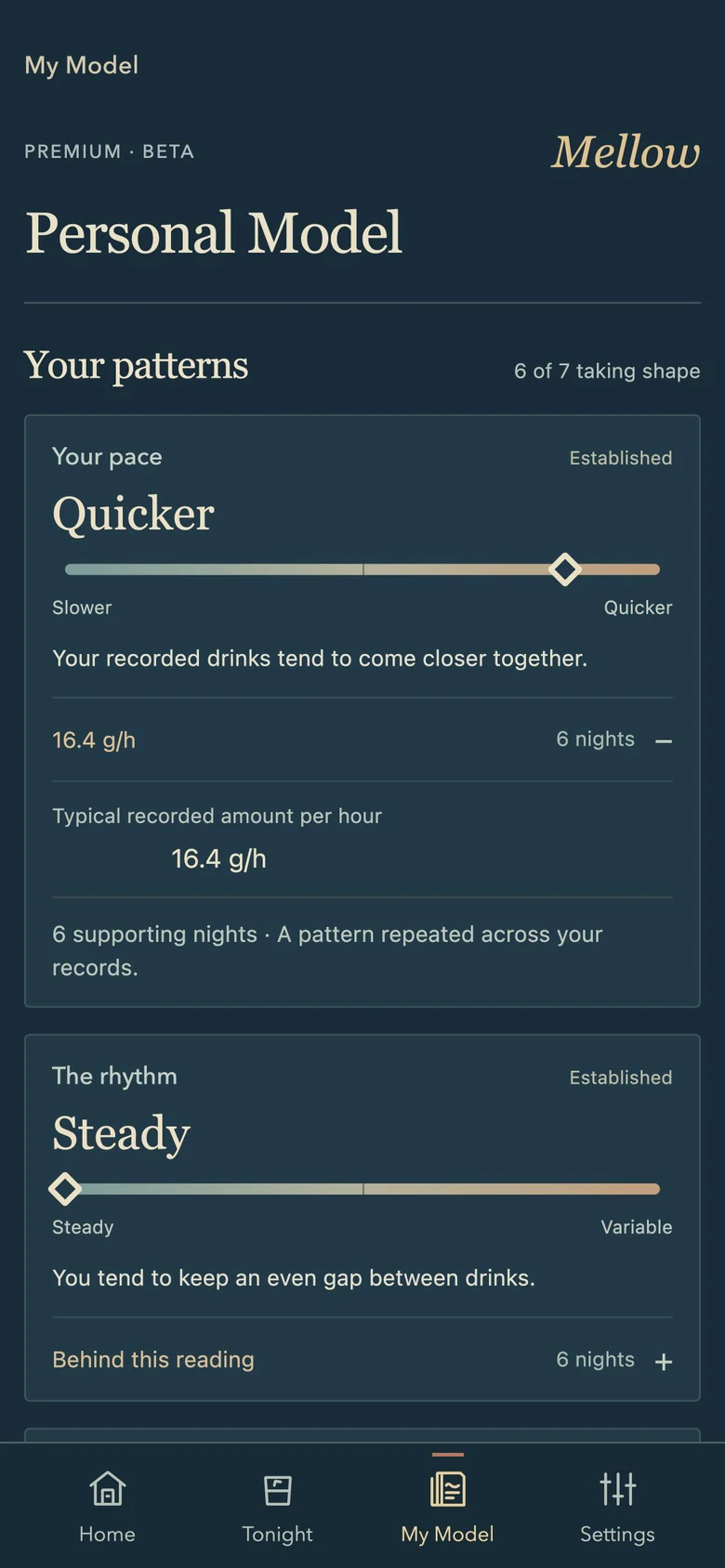 Actual Personal Model component showing a pace reading and its supporting illustrative evidence.